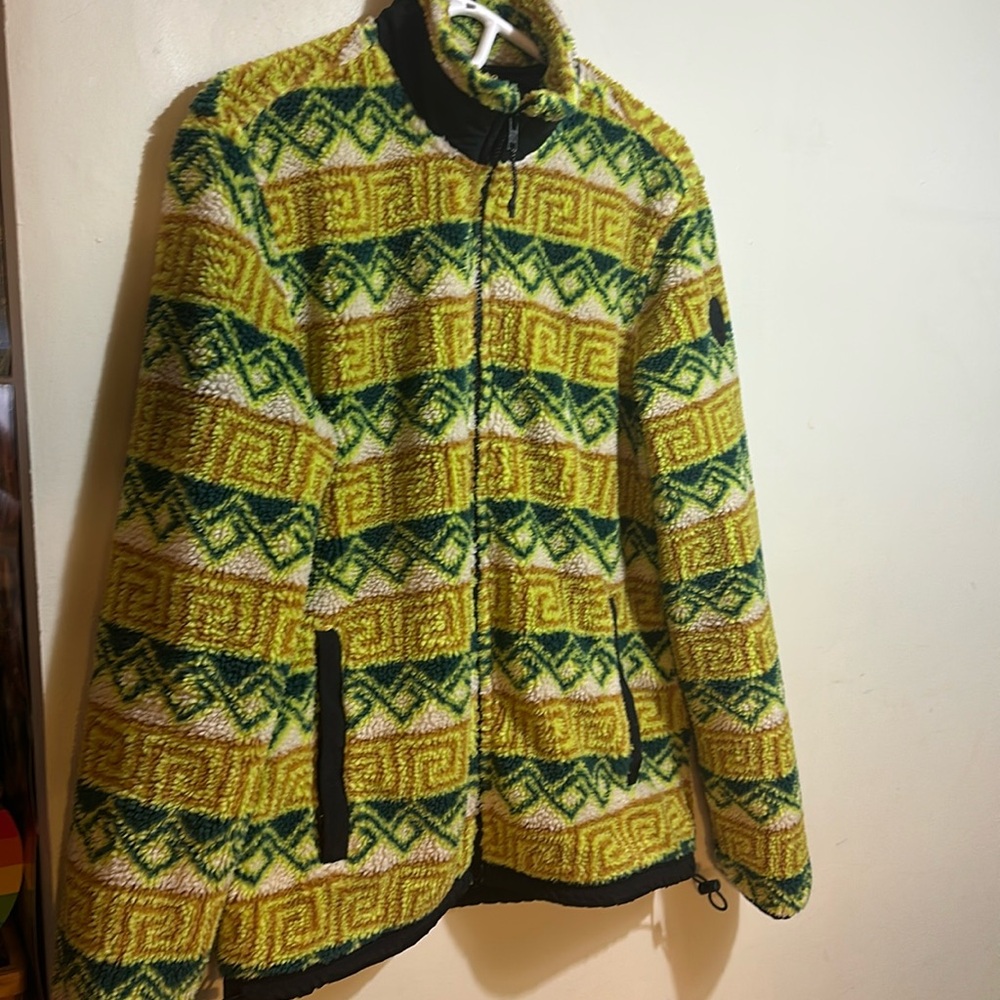 American Eagle Medium Jacket Sherpa Fleece Southwest Print Green Yellow Unisex